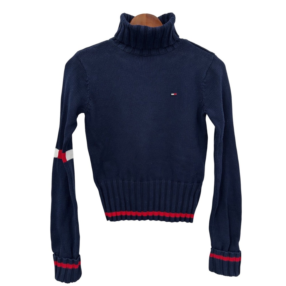 Tommy Hilfiger Turtleneck Sweater Cotton Knit Navy Blue Women's Small VTG Y2K